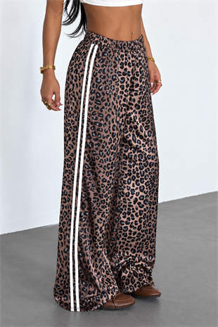 Kahverengi Leopar Şeritli Baggy Unisex Eşofman Altı