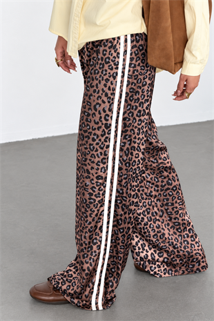 Kahverengi Leopar Şeritli Baggy Unisex Eşofman Altı
