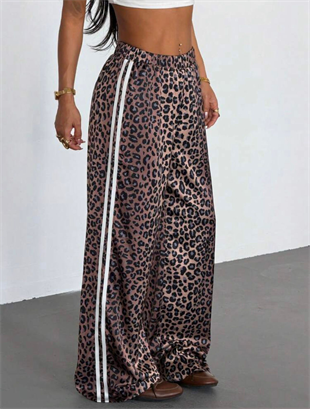 Kahverengi Leopar Şeritli Baggy Unisex Eşofman Altı