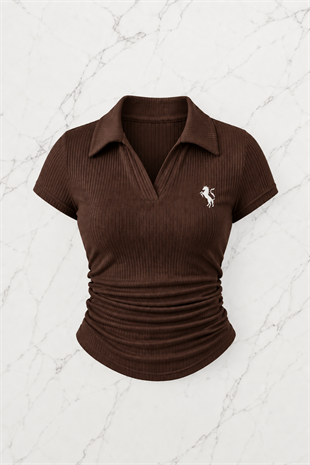 Kahverengi Polo Yaka Fitilli Likralı Bluz