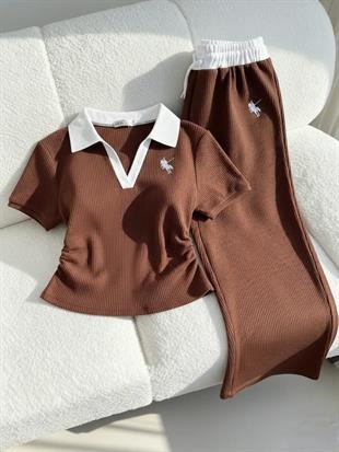 Kahverengi Polo Yaka Fitilli Likralı Premium Eşofman Takımı