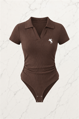 Kahverengi Polo Yaka Fitilli Likralı Premium Zıbın