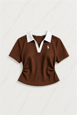 Kahverengi Polo Yaka Fitilli Likralı Premium Eşofman Takımı