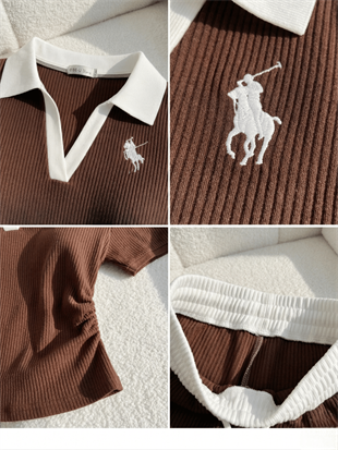 Kahverengi Polo Yaka Fitilli Likralı Premium Eşofman Takımı