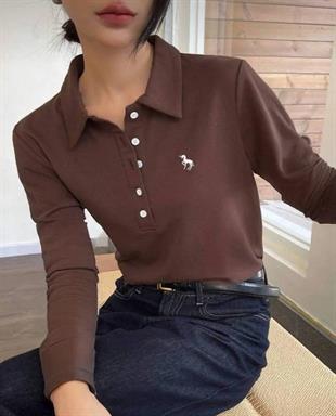 Kahverengi Tek Boynuzlu At Baskılı Polo Yaka Düğmeli Uzun Kol Tshirt