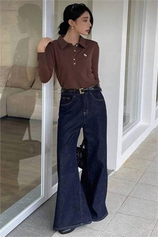 Kahverengi Tek Boynuzlu At Baskılı Polo Yaka Düğmeli Uzun Kol Tshirt