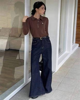 Kahverengi Tek Boynuzlu At Baskılı Polo Yaka Düğmeli Uzun Kol Tshirt