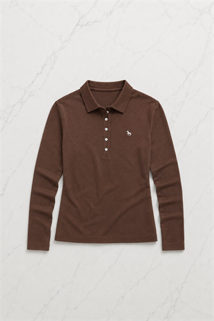 Kahverengi Tek Boynuzlu At Baskılı Polo Yaka Düğmeli Uzun Kol Tshirt