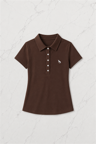 Kahverengi Tek Boynuzlu At Baskılı Polo Yaka Düğmeli Kısa Kol Tshirt 