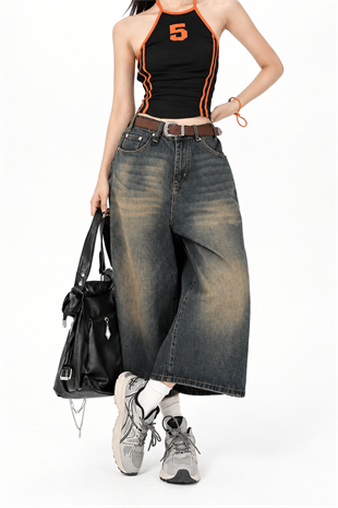 Kahverengi Yıkamalı Baggy Kısa Paça Kot Bermuda Pantolon