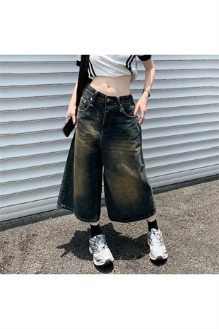 Kahverengi Yıkamalı Baggy Kısa Paça Kot Bermuda Pantolon