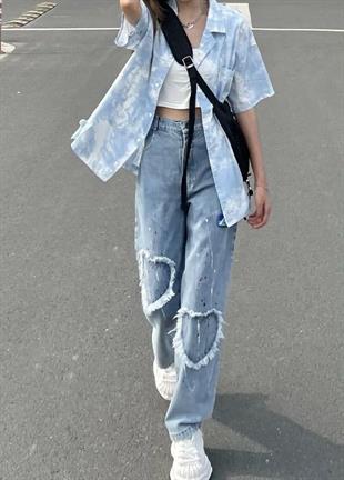 Kalp Detaylı Baggy Yıkamalı Mavi Jean