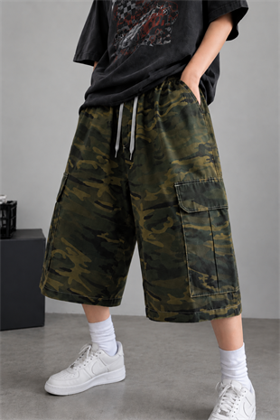 Kamuflaj Kargo Cepli Oversize Bermuda Şort/Şortalon