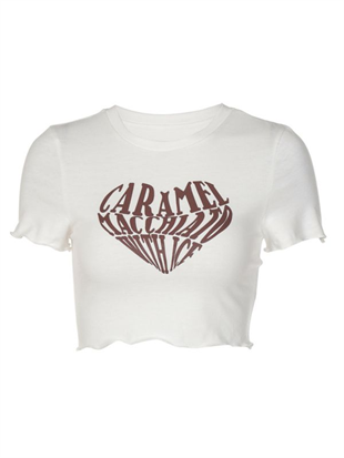 Kemer Boy Caramel Macchlato Baskılı Crop Bluz