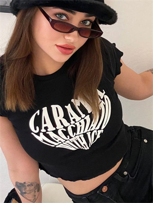 Kemer Boy Caramel Macchlato Baskılı Crop Bluz