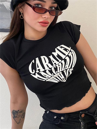 Kemer Boy Caramel Macchlato Baskılı Crop Bluz
