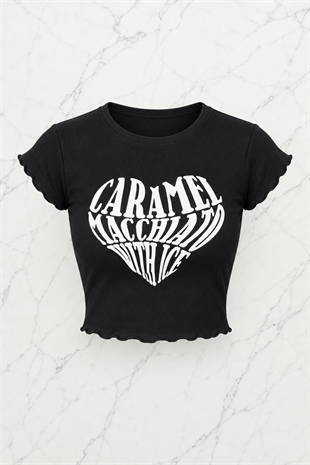 Kemer Boy Caramel Macchlato Baskılı Crop Bluz