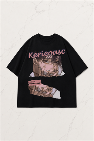 Kerie Girl Detaylı Oversize Unisex Siyah T-shirt