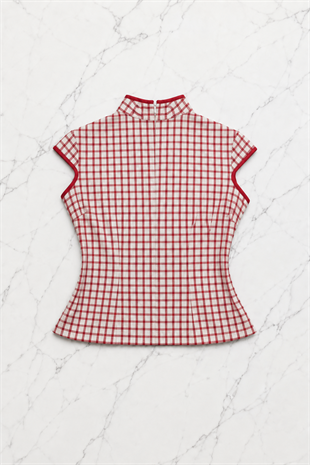 Kırmızı Dama Desenli Chines Crop T-shirt