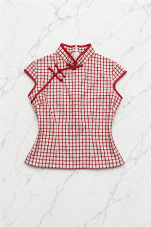 Kırmızı Dama Desenli Chines Crop T-shirt