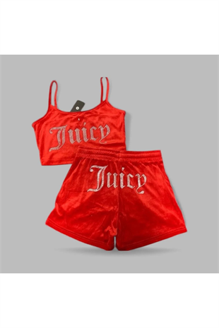 Kırmızı Juicy Taşlı Alt Üst Şort Takım
