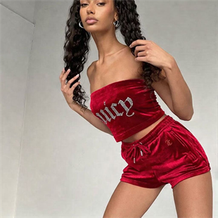 Kırmızı Juicy Taşlı Crush Kadife Şort Takım