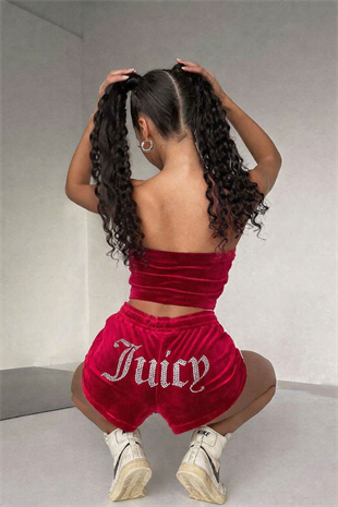 Kırmızı Juicy Taşlı Crush Kadife Şort Takım