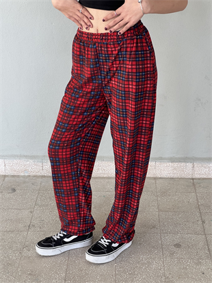 Kırmızı Kare Detaylı Ekose Unisex Bol Eşofman Altı