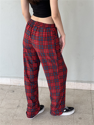 Kırmızı Kare Detaylı Ekose Unisex Bol Eşofman Altı