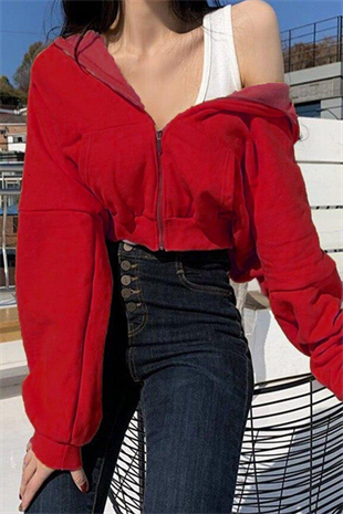 Kırmızı Mevsimlik Crop-Top Fermuarlı Kapüşonlu