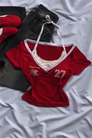 Kırmızı Racing 27 Number Ek Askılı Y2K Kısa Kollu Crop