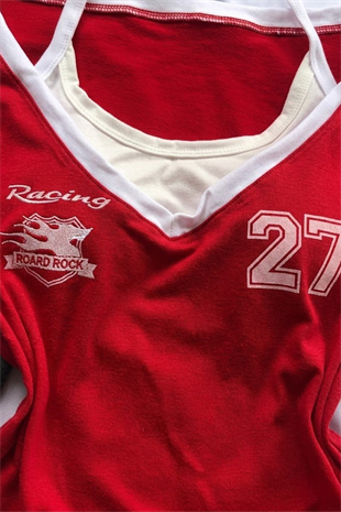 Kırmızı Racing 27 Number Ek Askılı Y2K Kısa Kollu Crop