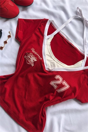 Kırmızı Racing 27 Number Ek Askılı Y2K Kısa Kollu Crop