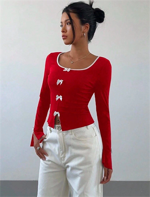 Kırmızı Ribbon Dekolteli Uzun Kollu Crop