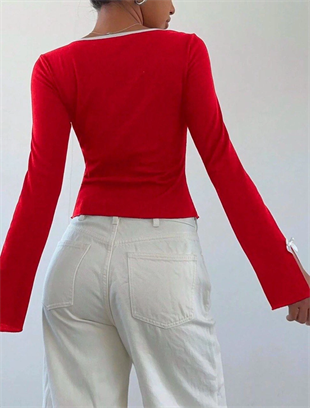 Kırmızı Ribbon Dekolteli Uzun Kollu Crop