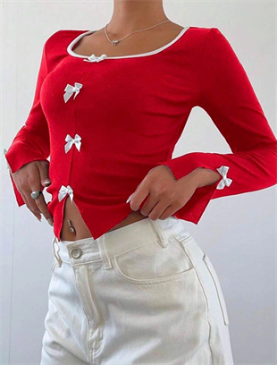 Kırmızı Ribbon Dekolteli Uzun Kollu Crop