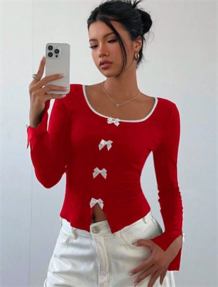 Kırmızı Ribbon Dekolteli Uzun Kollu Crop