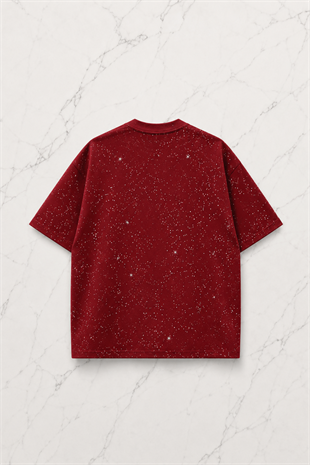 Kırmızı Shine Parıltılı Simli Oversize Unisex T-shirt