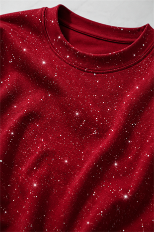 Kırmızı Shine Parıltılı Simli Oversize Unisex T-shirt