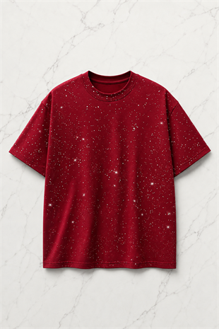 Kırmızı Shine Parıltılı Simli Oversize Unisex T-shirt