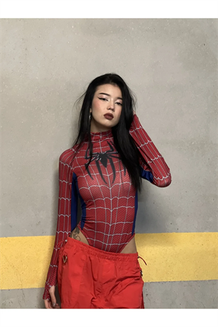 Kırmızı Spider Çıtçıtlı Uzun Kollu Body