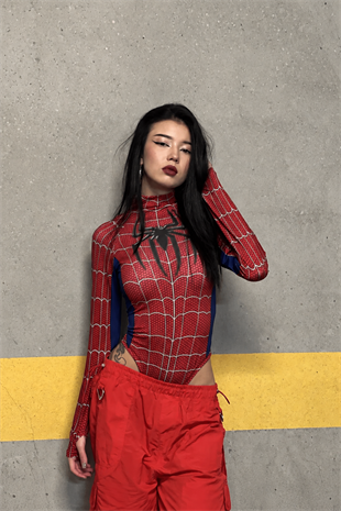 Kırmızı Spider Çıtçıtlı Uzun Kollu Body