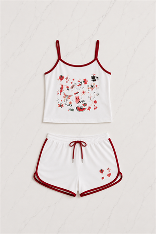 Kırmızı Sweet Cherry Askılı Şort Takım