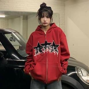 Kırmızı Triple Star Devil Icon Fermuarlı  Kapüşonlu Sweatshirt