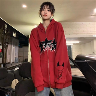 Kırmızı Triple Star Devil Icon Fermuarlı Kapüşonlu Sweatshirt-rf