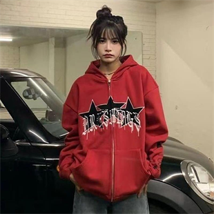 Kırmızı Triple Star Devil Icon Fermuarlı Kapüşonlu Sweatshirt-rf