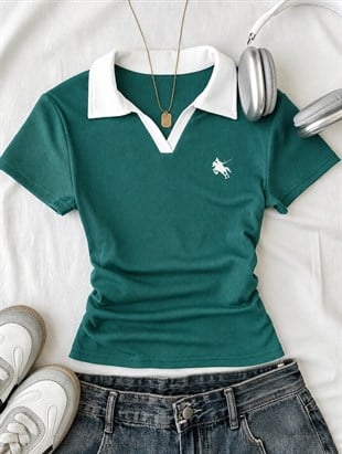 Koyu Turkuaz Solo Polo Yaka Beyaz Yakalı Bluz