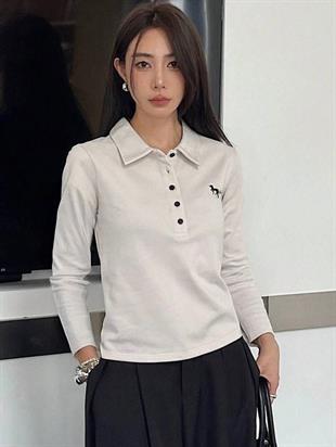 Krem Tek Boynuzlu At Baskılı Polo Yaka Düğmeli Uzun Kol Tshirt