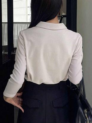 Krem Tek Boynuzlu At Baskılı Polo Yaka Düğmeli Uzun Kol Tshirt