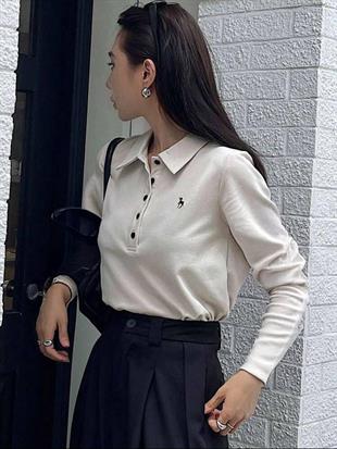 Krem Tek Boynuzlu At Baskılı Polo Yaka Düğmeli Uzun Kol Tshirt